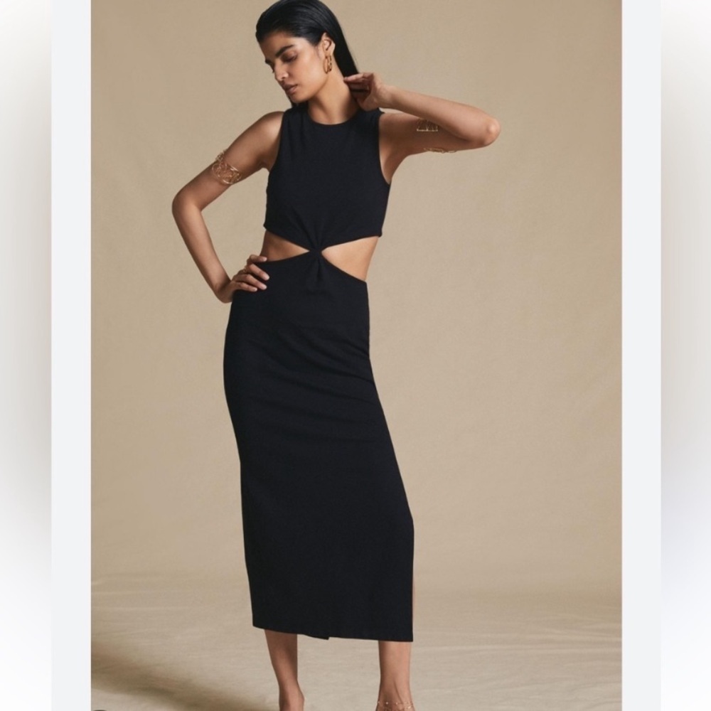New Anthropologie Sundry Cutout Midi Dress in Black Noir Size Medium